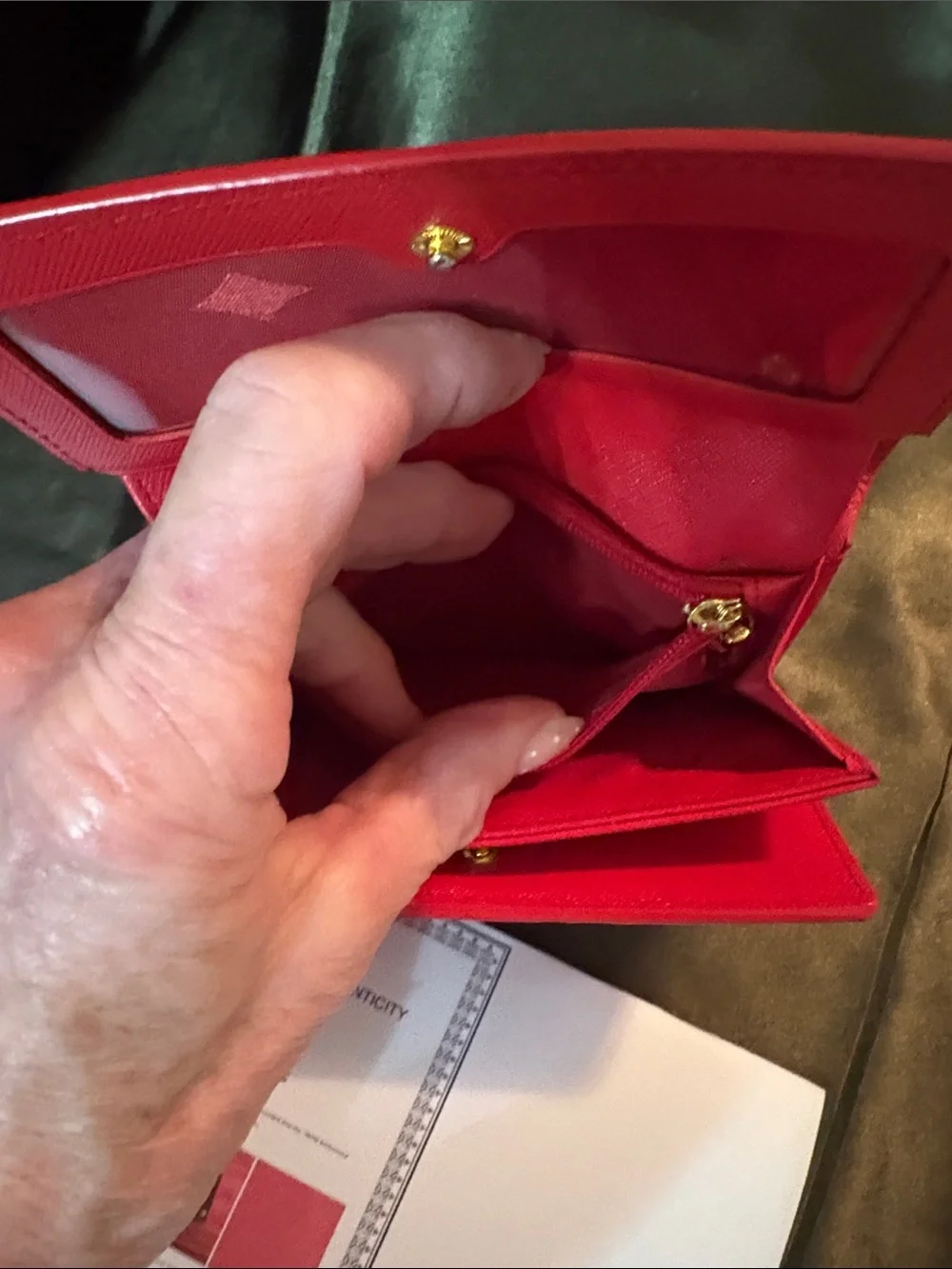 MCM Red Embossed Leather Trifold Wallet with Gold Plaque Accent
